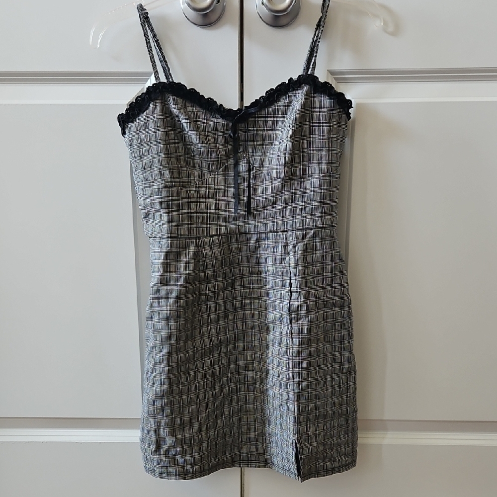 Altar'd State Plaid Mini Dress with Black Lace Trim